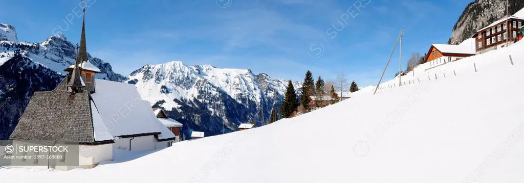 Switzerland, Europe, Obwalden, Engelberg, winter, village, mountains, houses, homes, church