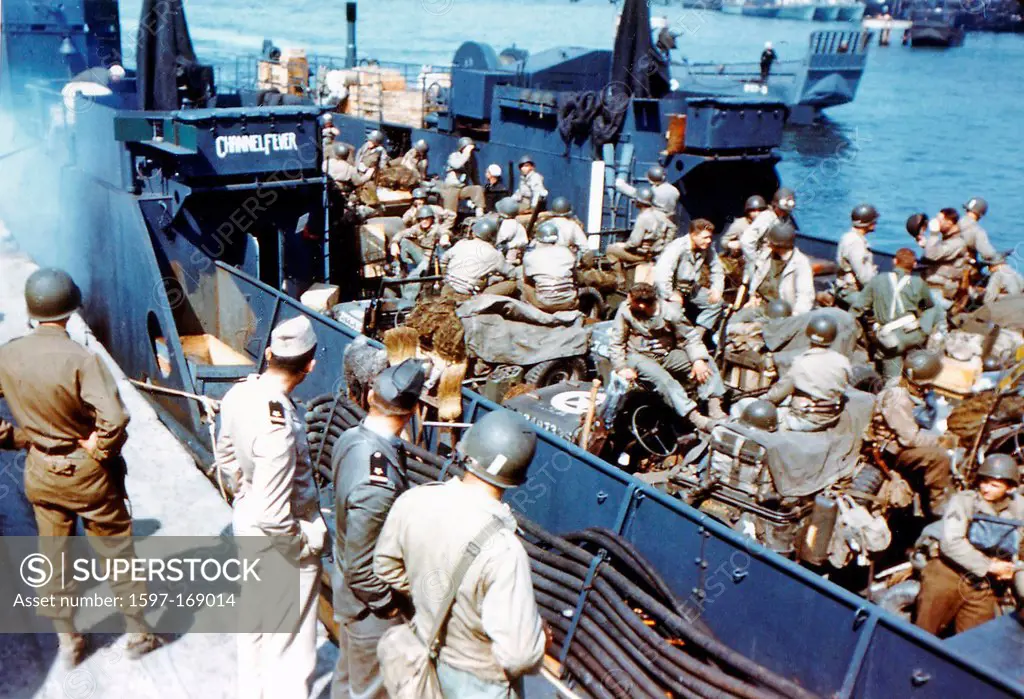Operation, Overlord, Normandy, American, Army, General, Eisenhower, loading, Landing Craft Transport, LCT, port, Southern England, invasion, France, W...
