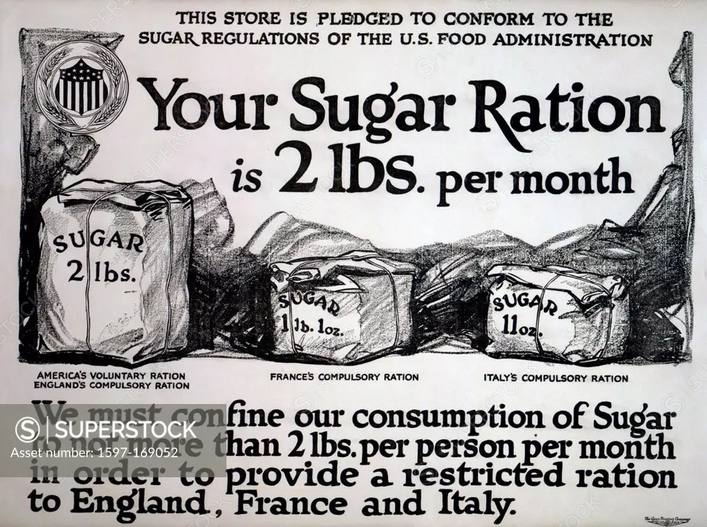World War I, American, propaganda, poster, showing, sacks, sugar, ration, England, France, Italy, sugar ration, USA, 1917,