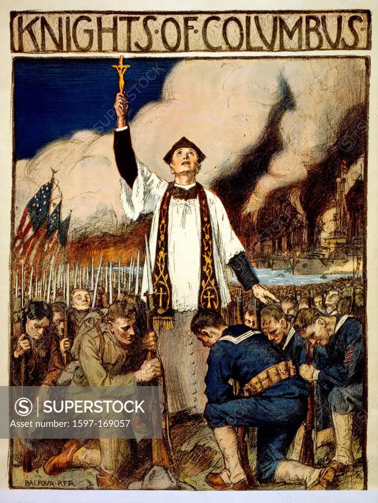 World War I, American, poster, priest, crucifix, blessing, kneeling, soldiers, religion, USA, 1917,