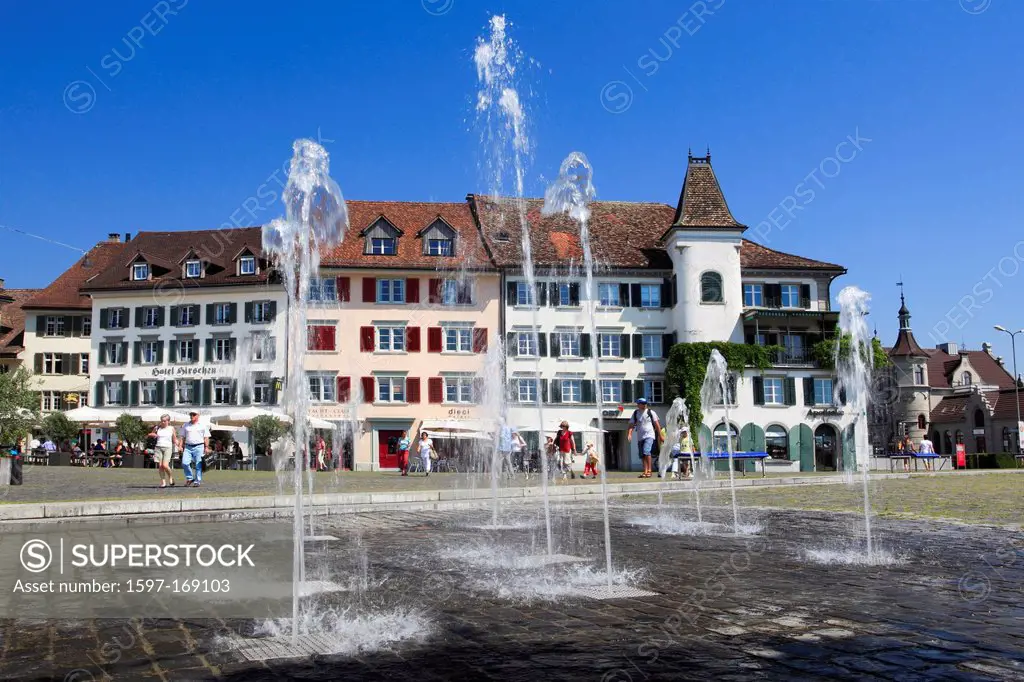 Old Town, well, jet, fountain, house, home, houses, homes, promenade, Rapperswil, Switzerland, Europe, Swiss town, city, summer, sunshine, fountain, S...