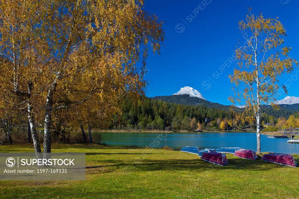 Austria, Europe, Tyrol, Tirol, Seefeld, wild lake, autumn, boats, water, meadow, birches, mountain, rest, rest, Yellow, blue, sky, vacation, traveling...