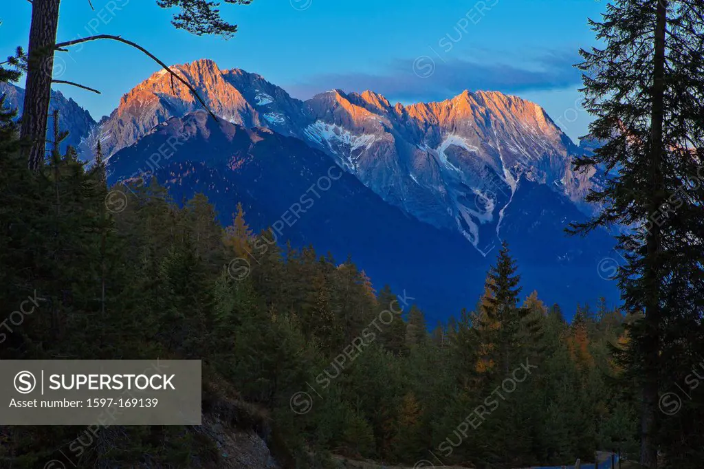 Austria, Europe, Tyrol, Tirol, Mieming, chain, plateau, Obsteig, Mieming, chain, mountains, evening, evening light, Hochplattig, lime alps, afterglow,...