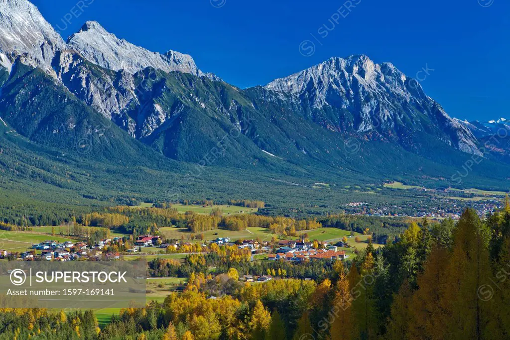 Austria, Europe, Tyrol, Tirol, Mieming, chain, plateau, Obsteig, place, tourism place, autumn, larches, Yellow, blue, mountains, rest, rest, Mieming, ...