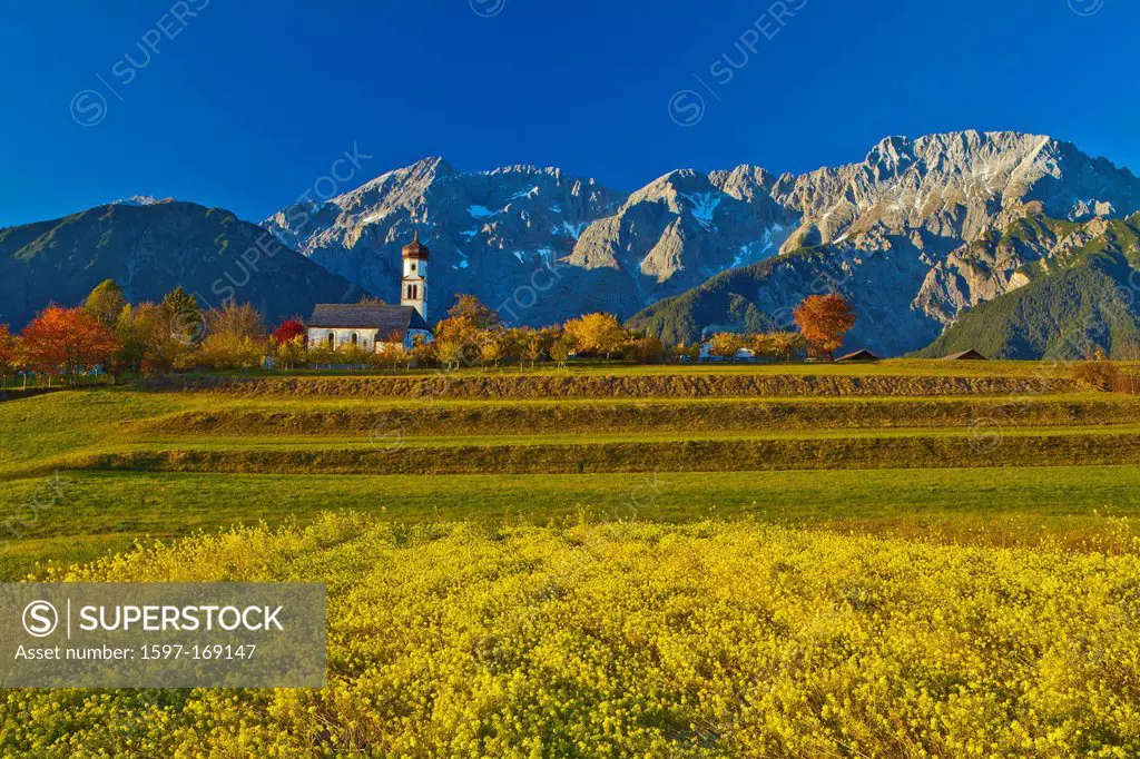 Austria, Europe, Tyrol, Tirol, Mieming, chain, plateau, Mieming, Saint Georg, Obermieming, church, meadow, rape field, Yellow, blue, green, colorful, ...