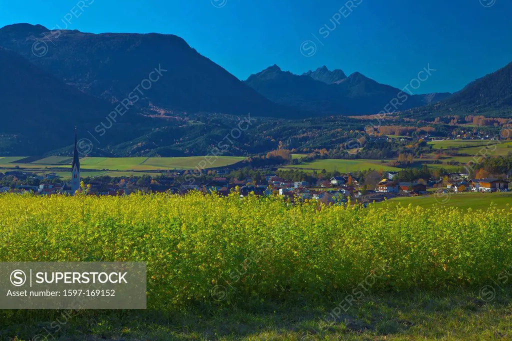 Austria, Europe, Tyrol, Tirol, Mieming, chain, plateau, Mieming, Untermieming, rape field, Yellow, blue, sky, place, church, houses, homes, meadows, w...