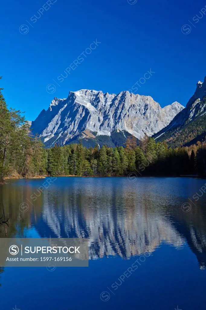 Austria, Europe, Tyrol, Tirol, Ausserfern, Biberwier, Weissensee, Zugspitze, lake, mountain lake, water, reflection, mountain, summit, peak, lime alps...