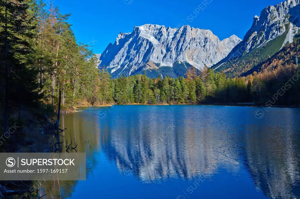 Austria, Europe, Tyrol, Tirol, Ausserfern, Biberwier, Weissensee, lake, mountain lake, water, reflection, water surface, mountain, mountains, Zugspitz...