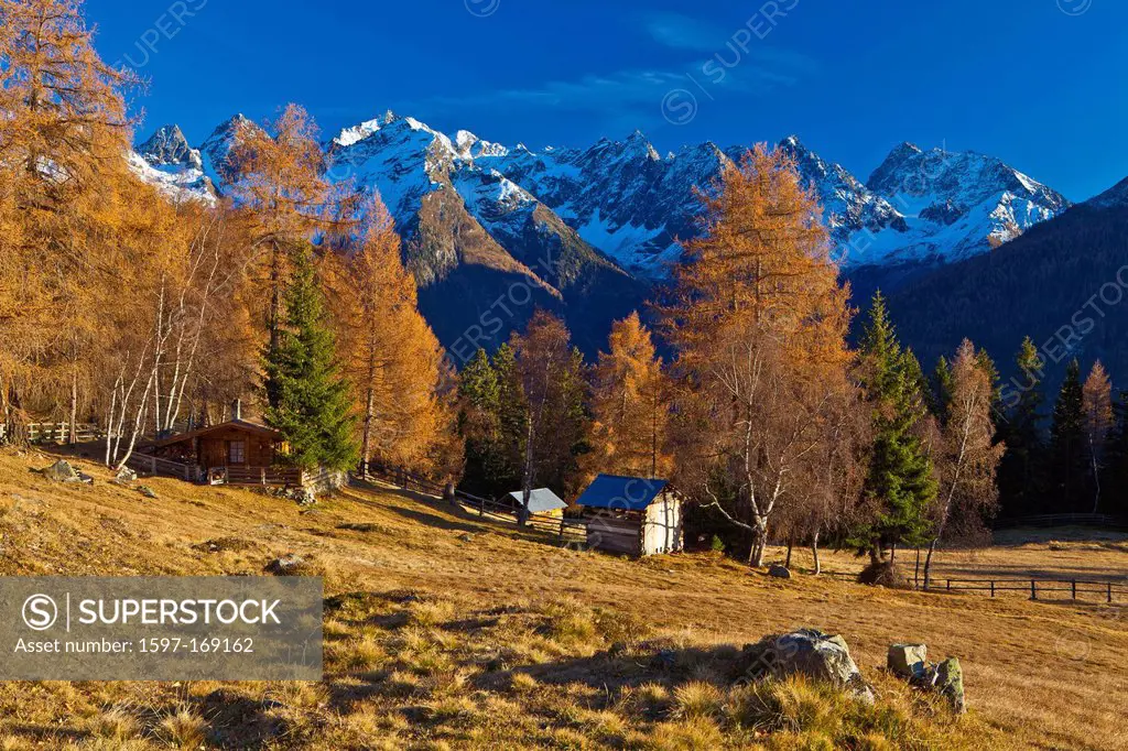 Austria, Europe, Tyrol, Tirol, Kaunertal, Schnadigen, pasture, willow, alp, huts, hunt, hut, mountains, Kaunergrat, Ötztal, Alps, autumn, late autumn,...