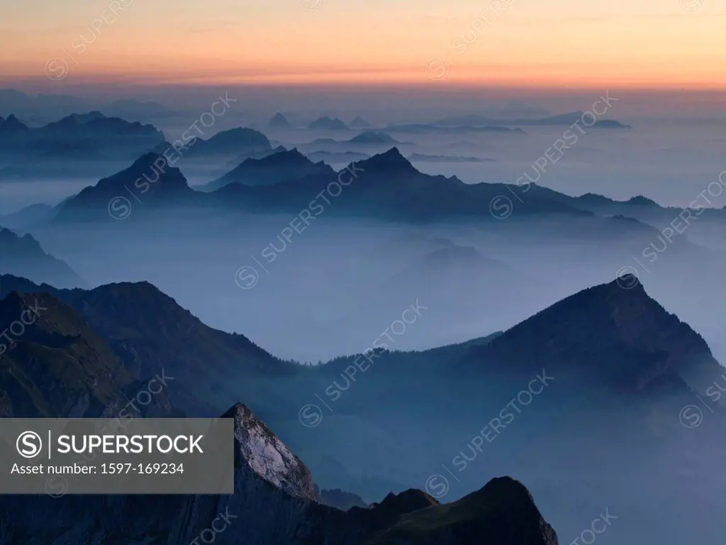 Alps, Alpstein, Silberplatten, Stockberg, blue, evening, reddish, Appenzell, Innerrhoden, rock, cliff, mountain chain, mountains, rock, scenery, fog, ...