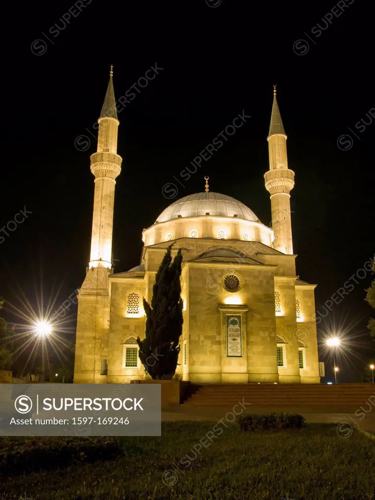 Azerbaijan, Baku, Caucasus, mosque, light, Islam, grass, religion, land, country, of, fire, buildings, capital, minaret, tower, rook, East, Asia