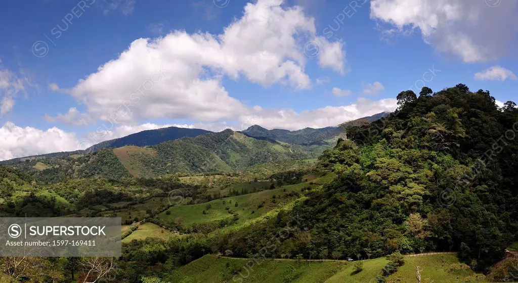 Rural, road, green, hills, tropical, landscape, Valle Verde, Las Terras Altas, Panama, Central America,