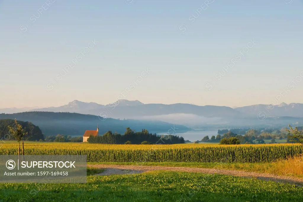 Bavaria, Germany, Europe, Upper Bavaria, Taching, Taching lake, Mühlberg, Maria Mühlberg, scenery, sky, Alps, mountains, scenery, panorama, horizon, s...