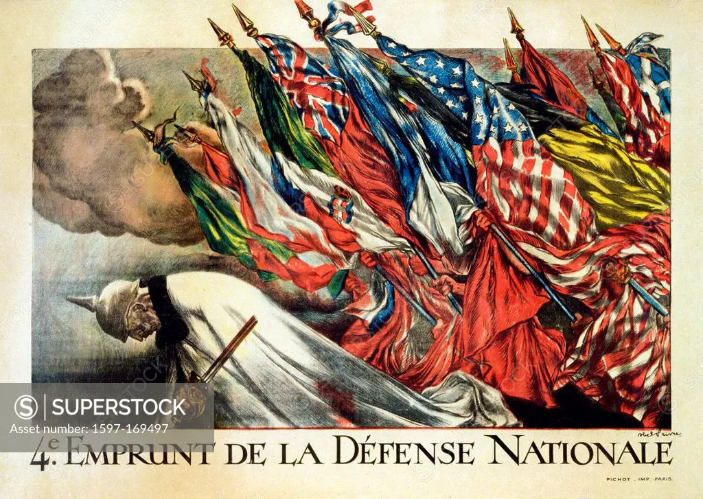 World War I, French, propaganda, poster, allied, flags, Kaiser, Wilhelm II, broken sword, Paris, France, 1918,