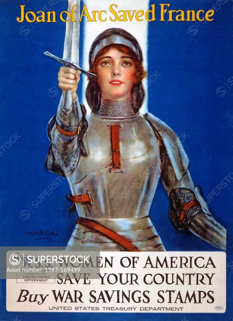 World War I, American, poster, saving, stamps, bond, Savings Stamps, Joan of Arc, France, USA, 1918, sword,