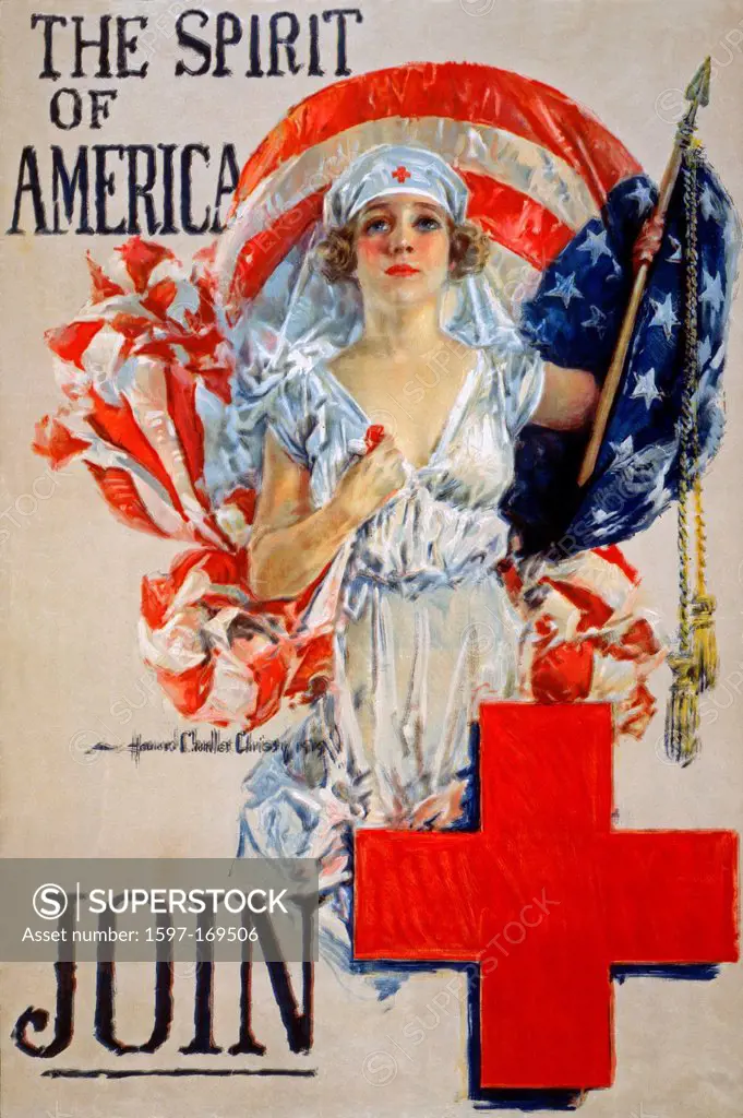 USA, World War I, American, propaganda, poster, Red Cross, nurse, flag, spirit of America, Join, help, 1919,