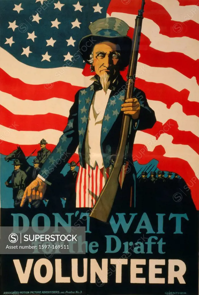 World War I, American, recruitment, poster, Uncle Sam, army, troops, flag, rifle, draft, Volunteer, 1917,