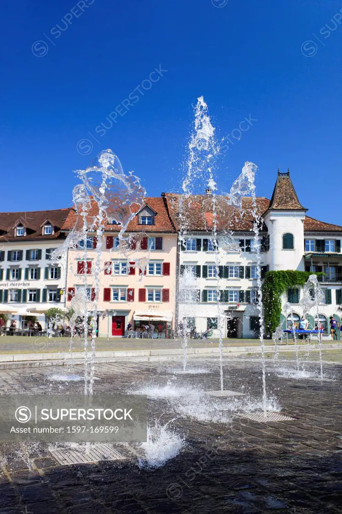 Old Town, well, jet, fountain, house, home, houses, homes, promenade, Rapperswil, Switzerland, Europe, Swiss town, city, summer, sunshine, fountain, S...
