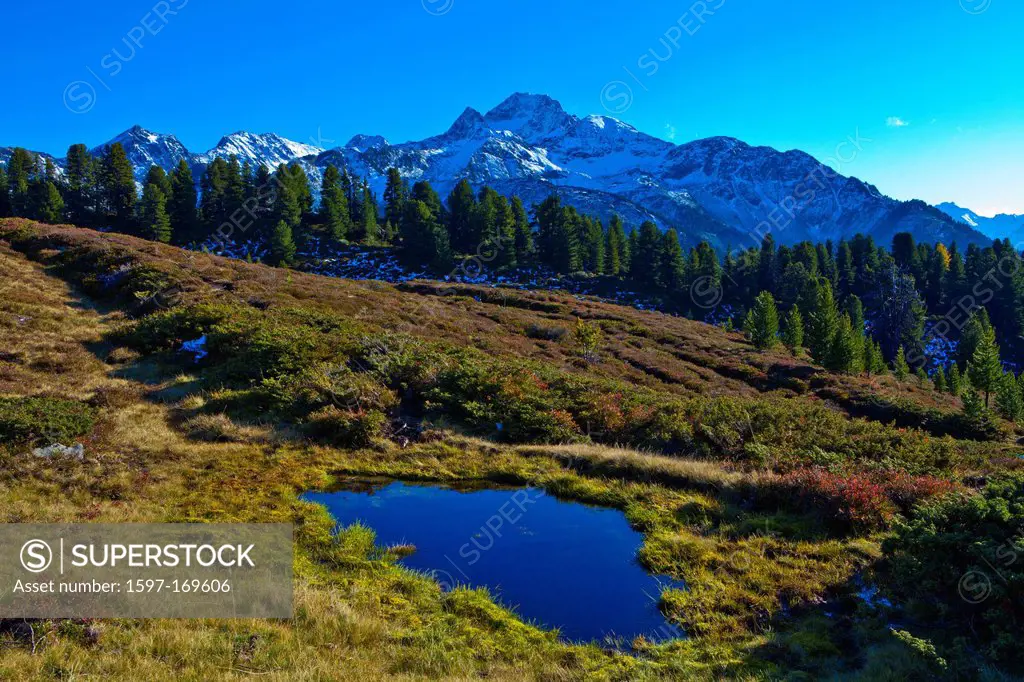 Austria, Europe, Tyrol, Tirol, Kühtai, Feldringalm, alp, autumn, lake, mountain lake, water, sky, blue, green, snow, mountain, mountains, mountains, t...