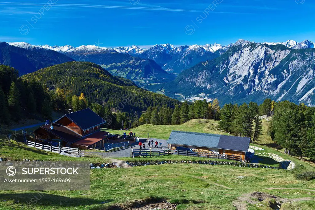 Austria, Europe, Tyrol, Tirol, Kühtai, alp, Feldringalm, alpine huts, travellers, mountain inn, mountains, Lechtal Alps, hoher Riffler, Parseierspitze...