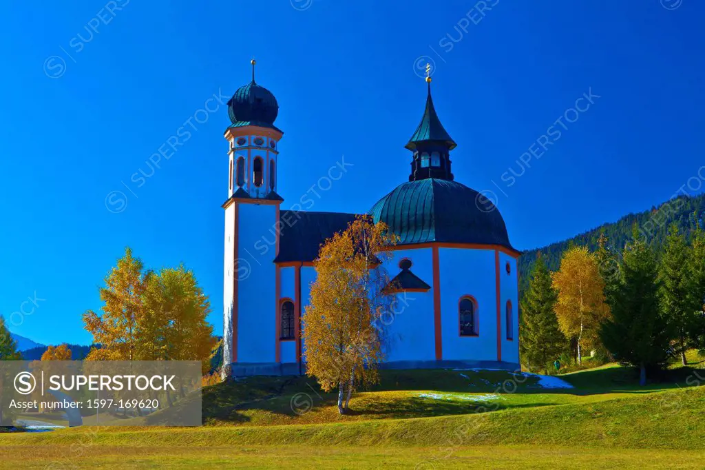 Austria, Europe, Tyrol, Tirol, Seefeld, Seekirchl, church, chapel, birches, sky, blue, Yellow, meadow, traveling, religion, Seefeld, plateau, vacation...