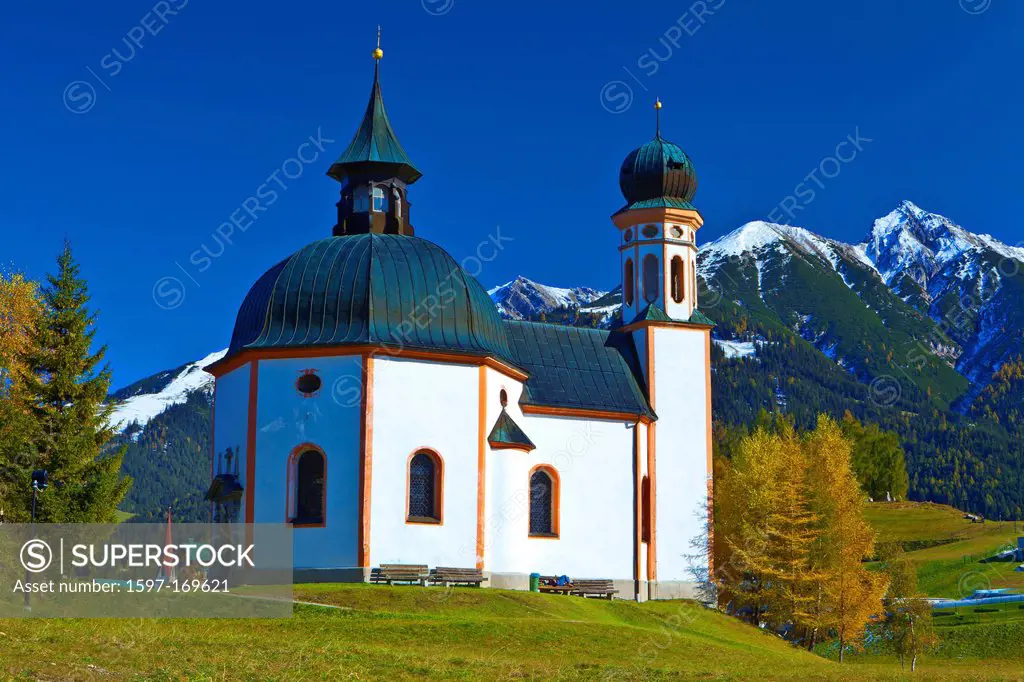 Austria, Europe, Tyrol, Tirol, Seefeld, Seekirchl, church, chapel, religion, mountain church, mountain, Reither Spitzer, Reither, point, peak, Karwend...
