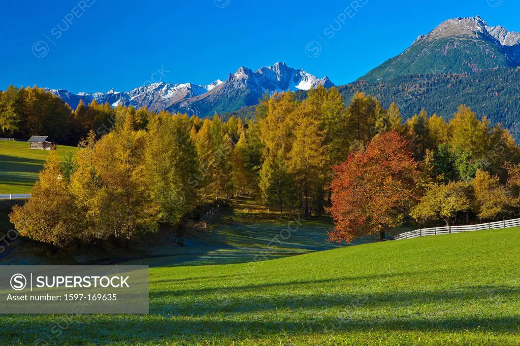Austria, Europe, Tyrol, Tirol, Obsteig, Holzleiten, autumn, colorful, meadow, white frost, shade, green, Yellow, Red, blue, white, snow, mountains, Le...
