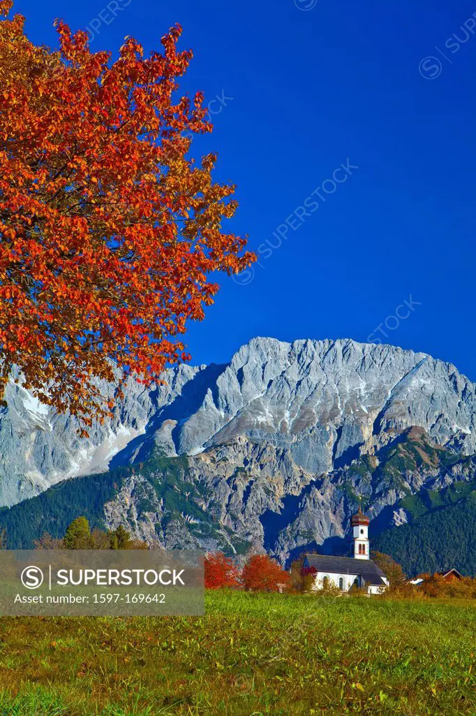 Austria, Europe, Tyrol, Tirol, Mieming, chain, plateau, Mieming, Saint, Georg, church, meadow, tree, mountain, Hochplattig, Mieming, chain, mountains,...