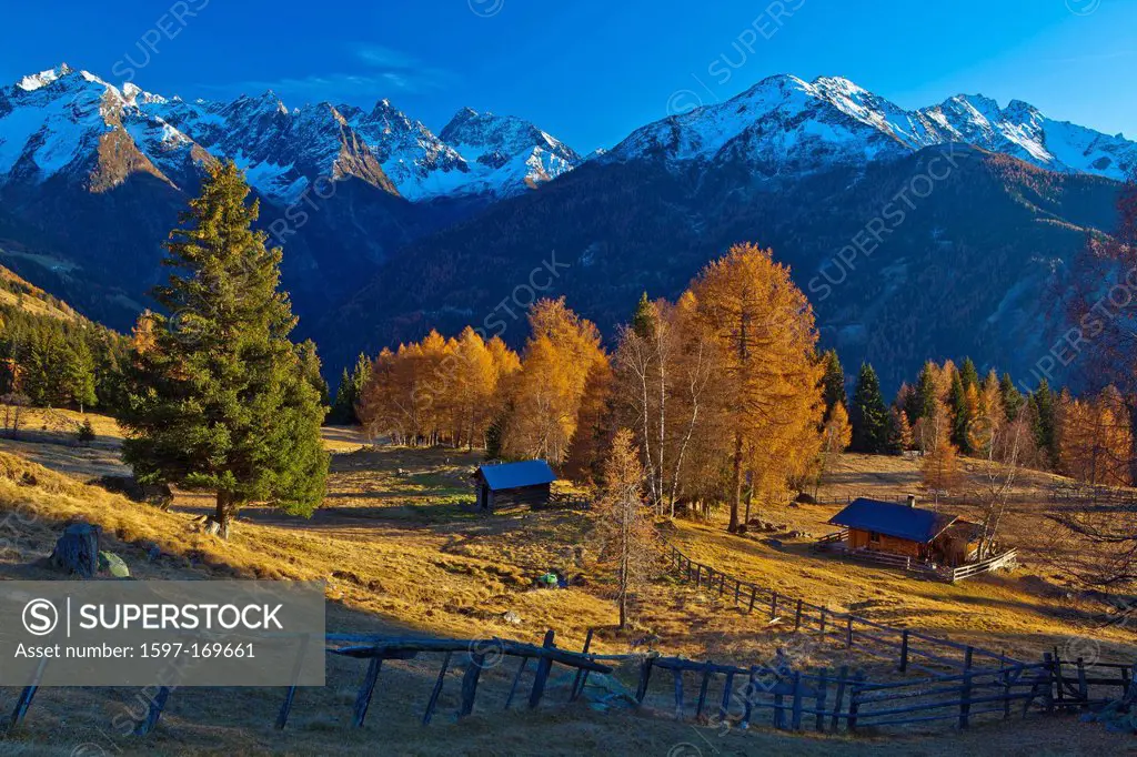 Austria, Europe, Tyrol, Tirol, Kaunertal, mountain Kauner, alp, pasture, willow, huts, hunt, hut, hay barn, spruce, larches, fence, mountains, Kaunerg...