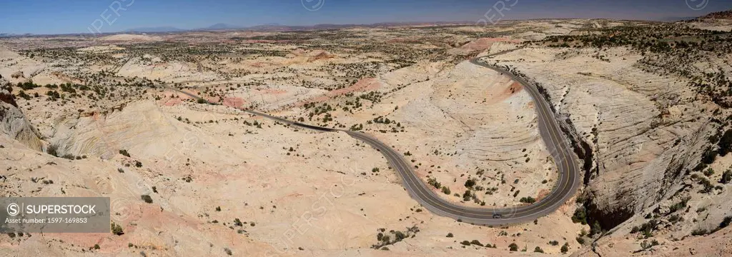 America, USA, United States, Colorado Plateau, Utah, slickrock, highway, sandstone, drive, curve, meander, panorama