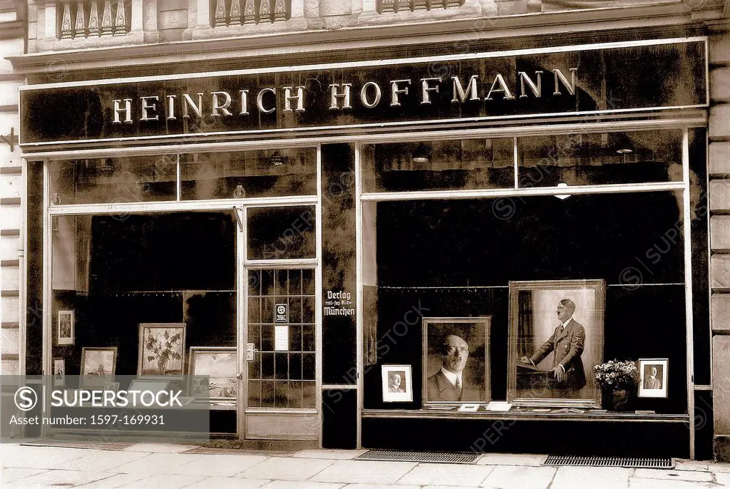 photo agency, Heinrich Hoffmann, Hoffmann, photographer, Nazi, Party, NSDAP, offices, shop window, 1936, Munich, Germany, 1938,