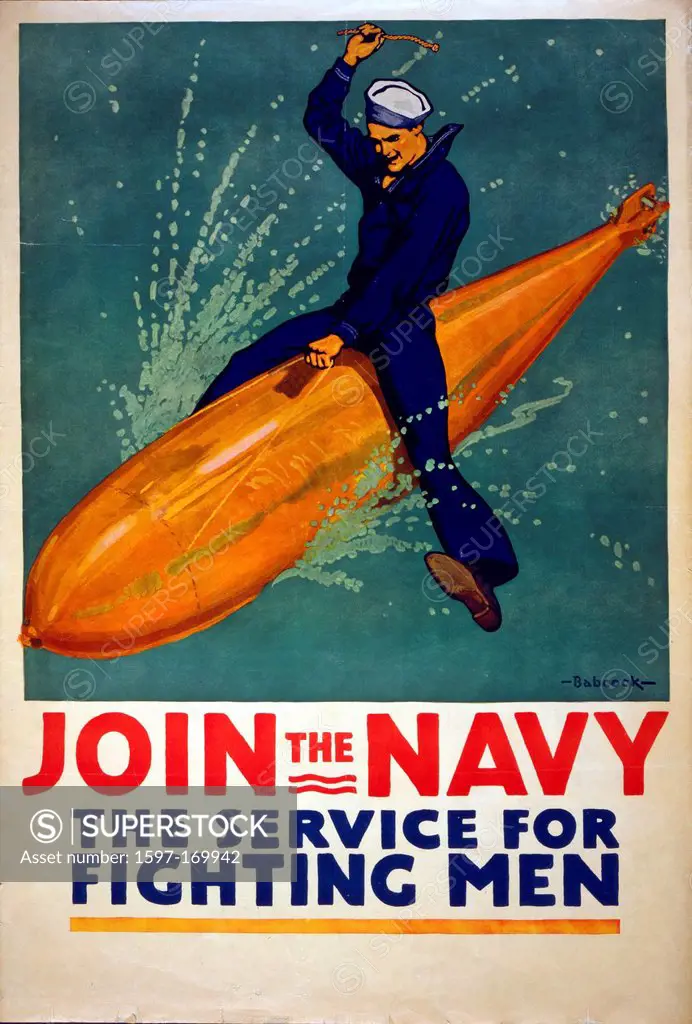 World War I, American, propaganda, poster, sailor, astride, torpedo, Navy, Fighting Men, USA, 1917,