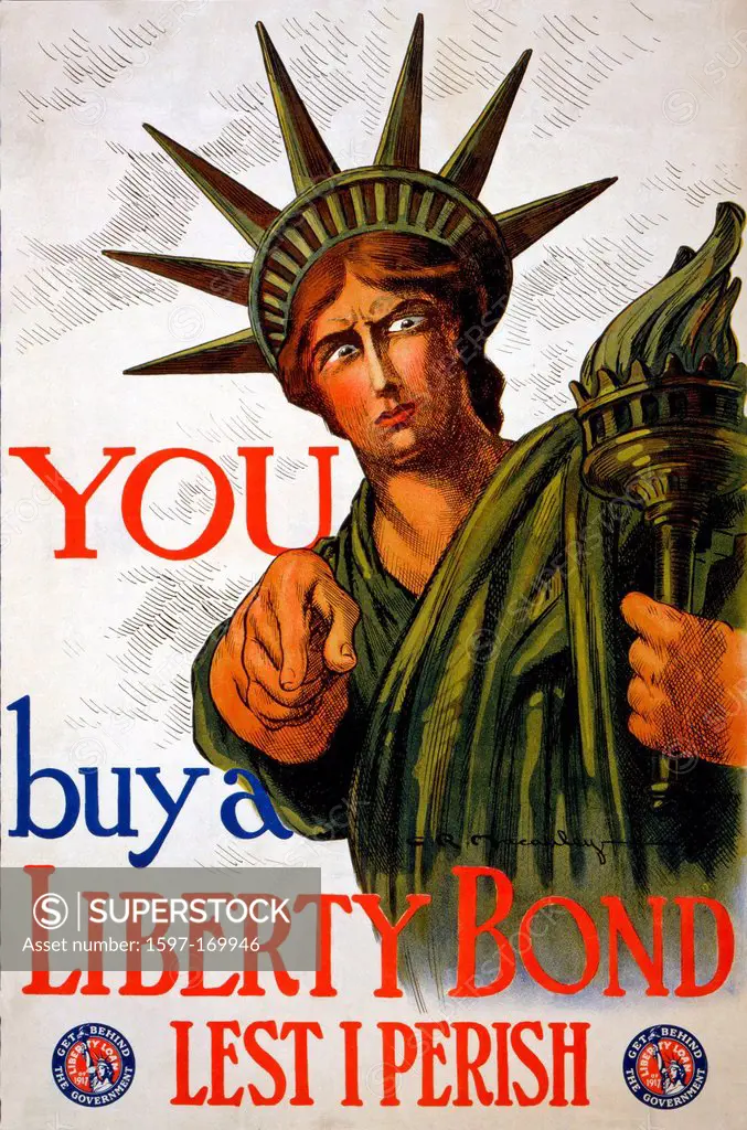 World War I, American, propaganda, poster, Statue of Liberty, pointing, Liberty, bond, Loan USA, 1917,