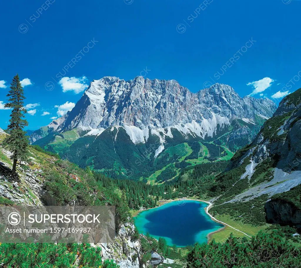 Austria, Europe, Tyrol, Tirol, Ausserfern, Ehrwald, Ehrwalder alp, Seebensee, Zugspitze, lake, mountain, wood, forest, Zuntern, water, Bergstock, clif...
