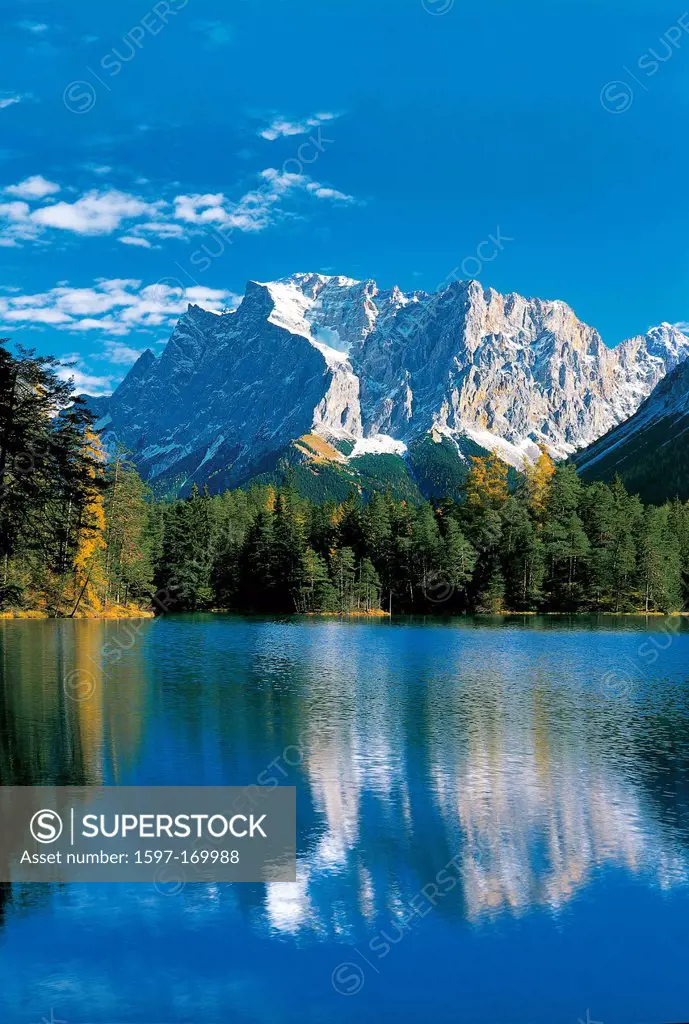 Austria, Europe, Tyrol, Tirol, Ausserfern, Biberwier, Weissensee, lake, mountain lake, Zugspitze, mountain, mountaintop, Germany, Wettersteingebirge, ...