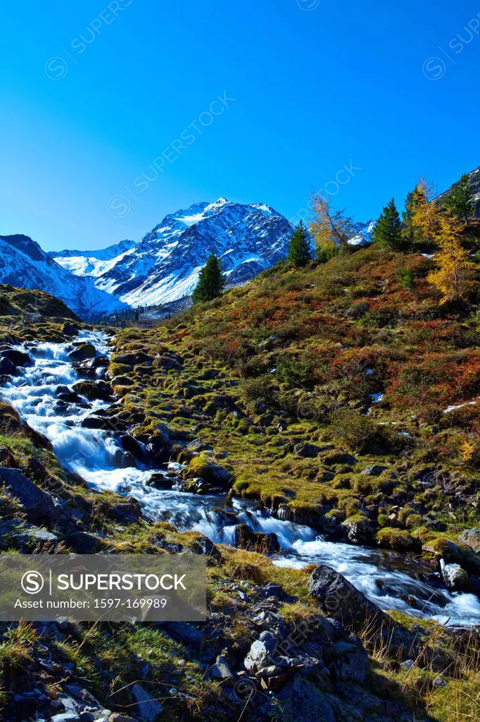 Austria, Europe, Tyrol, Tirol, Ötztal, Umhausen, Fundusalm, alp, Blockkogel, mountain, brook, mountain brook, water, snow, autumn, Ötztal, Alps, 3_tho...