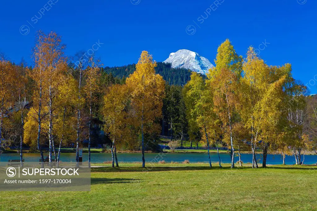 Austria, Europe, Tyrol, Tirol, Seefeld, wild lake, lake, mountain lake, water, summit, peak, mountain, rest, rest, trees, birches, wood, forest, autum...