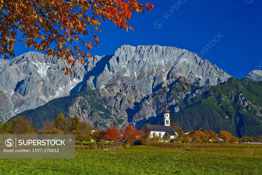 Austria, Europe, Tyrol, Tirol, Mieming, chain, plateau, Mieming, Saint, Georg, church, meadow, tree, mountain, Hochplattig, Mieming, chain, mountains,...