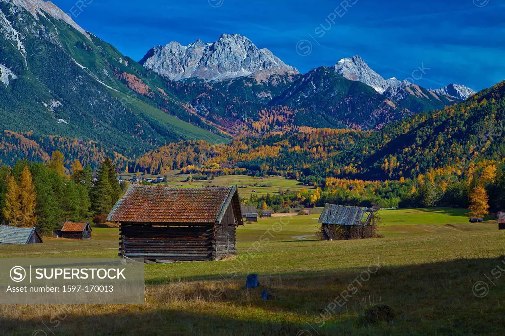 Austria, Europe, Tyrol, Tirol, Gurgltal, Nassereith, fields, Stadel, meadows, wood, forest, nature, mountains, Mieming, chain, sky, travel, traveling,...