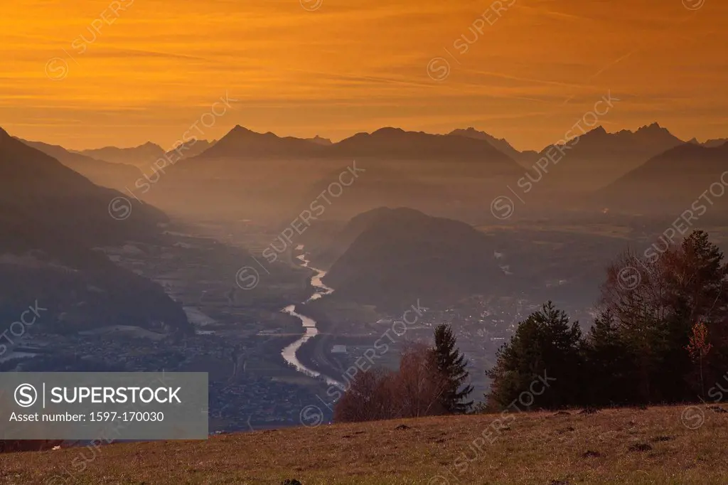 Austria, Europe, Tyrol, Tirol, Seefeld, Mösern, evening, mood, evening light, Inn, Oberinntal, Telfs, Mieming, chain, plateau, Tschirgant, hoher Riffl...