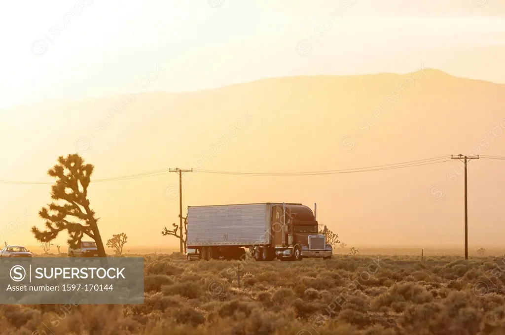 USA, United States, America, California, San Bernadino County, Mojave, desert, Joshua, tree, sunset, highway, truck