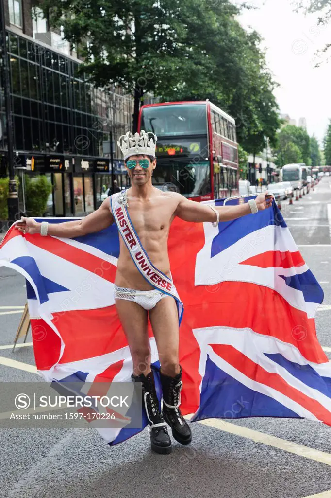 England, London, The Annual Gay Pride Parade, Participant dressed in Union Jack