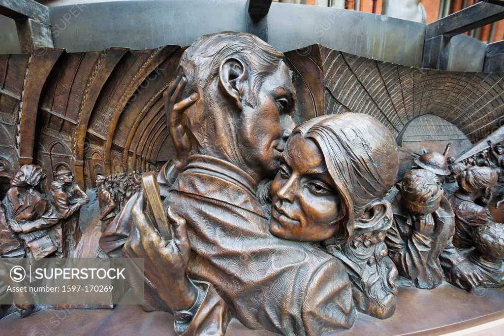England, London, Kings Cross, St Pancras Station, Detail of, The Meeting Place, Sculpture by Paul Day