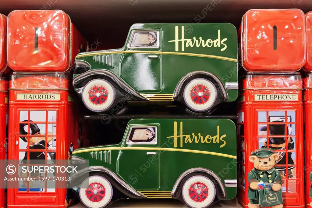 England, London, Knightsbridge, Harrods, Display of Harrods Souvenir Moneyboxes