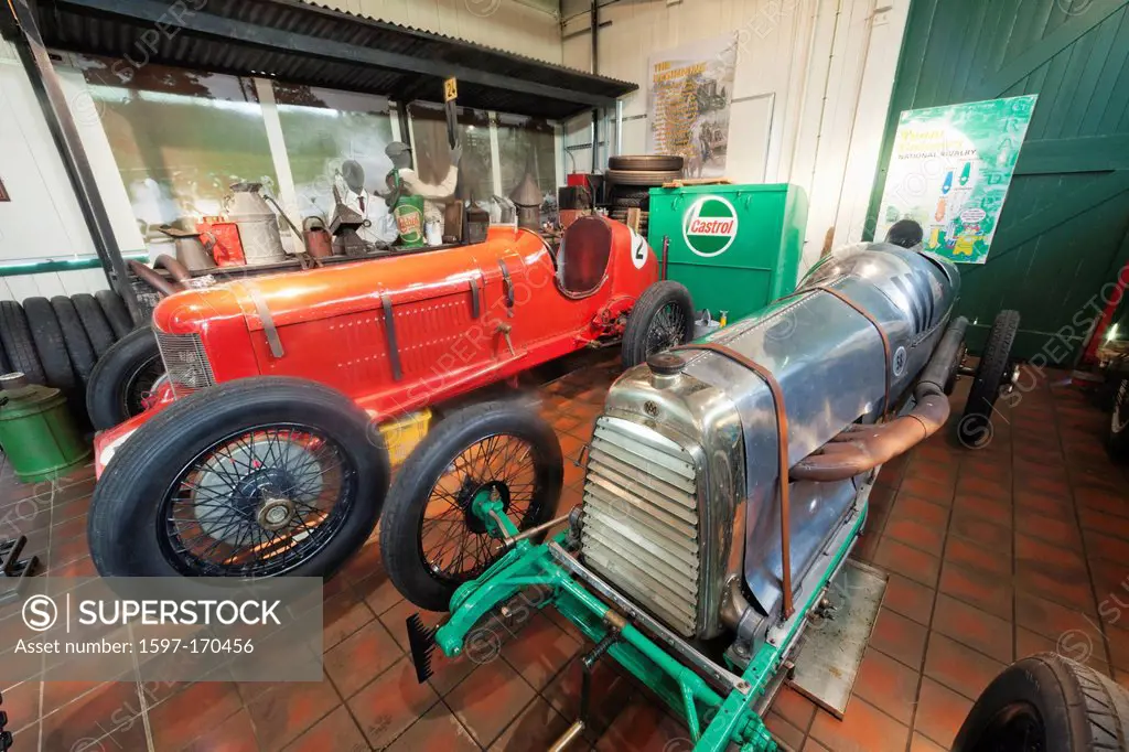 England, Surrey, London, Booklands Museum, Display of Vintage Racing Cars