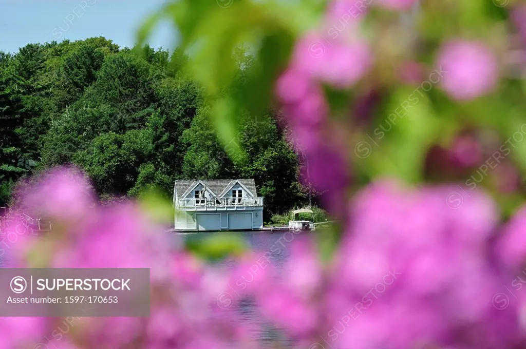 Boat House, Lake Muskoka, lake, District, Ontario, Canada, flowers