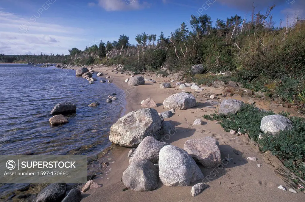 Western Brook Pond, Gros Morne, National Park, Newfoundland, Canada, Beach, ocean, lake, beach, rocky, green, boulders, coast