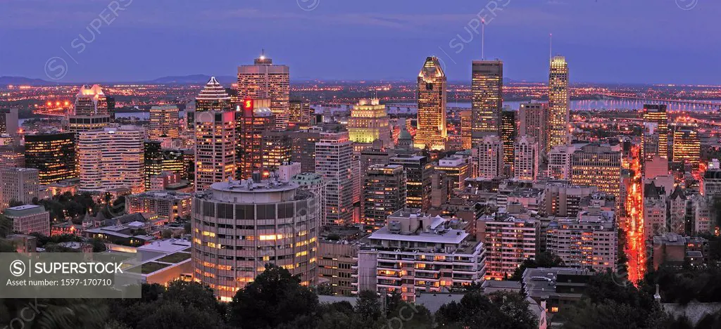 Canada, Lit, illumination, Montreal, Quebec, Traffic, View, Park, Mont Royal, buildings, cars, city, downtown, driving, dusk, light, lights, night, sk...