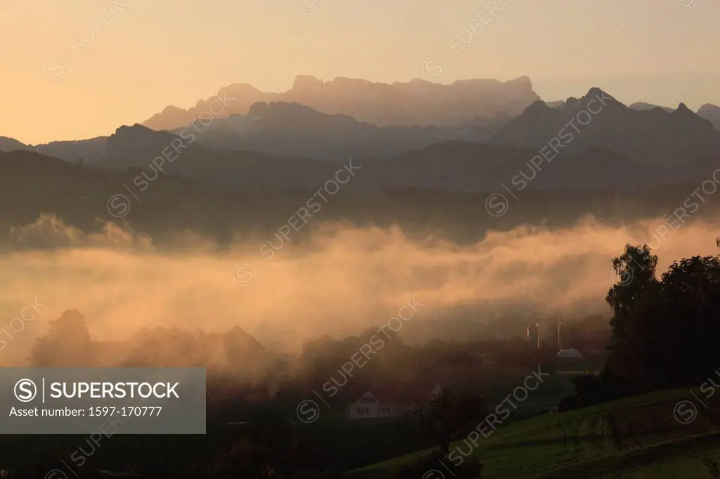 Alps, view, mountain, mountain panorama, mountains, mountain panorama, trees, mountains, Glarus Alps, Glärnisch, autumn, sky, massif, fog, fog patches...