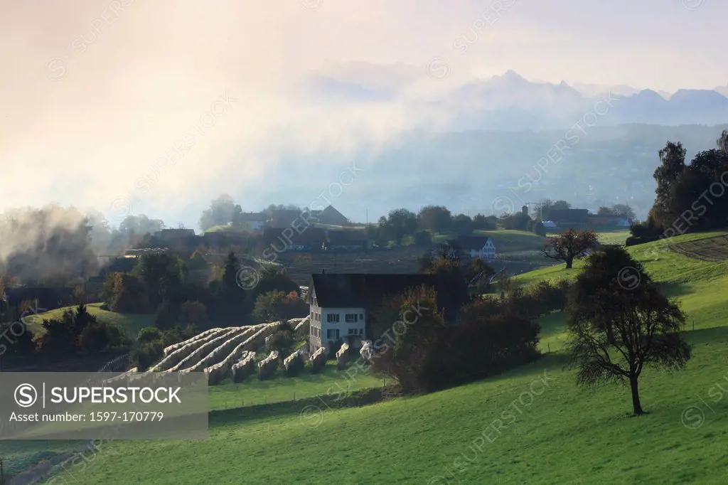 Alps, view, farm, farmhouse, mountain, mountain panorama, mountains, mountain panorama, trees, mountains, Glarus Alps, Glärnisch, autumn, sky, agricul...